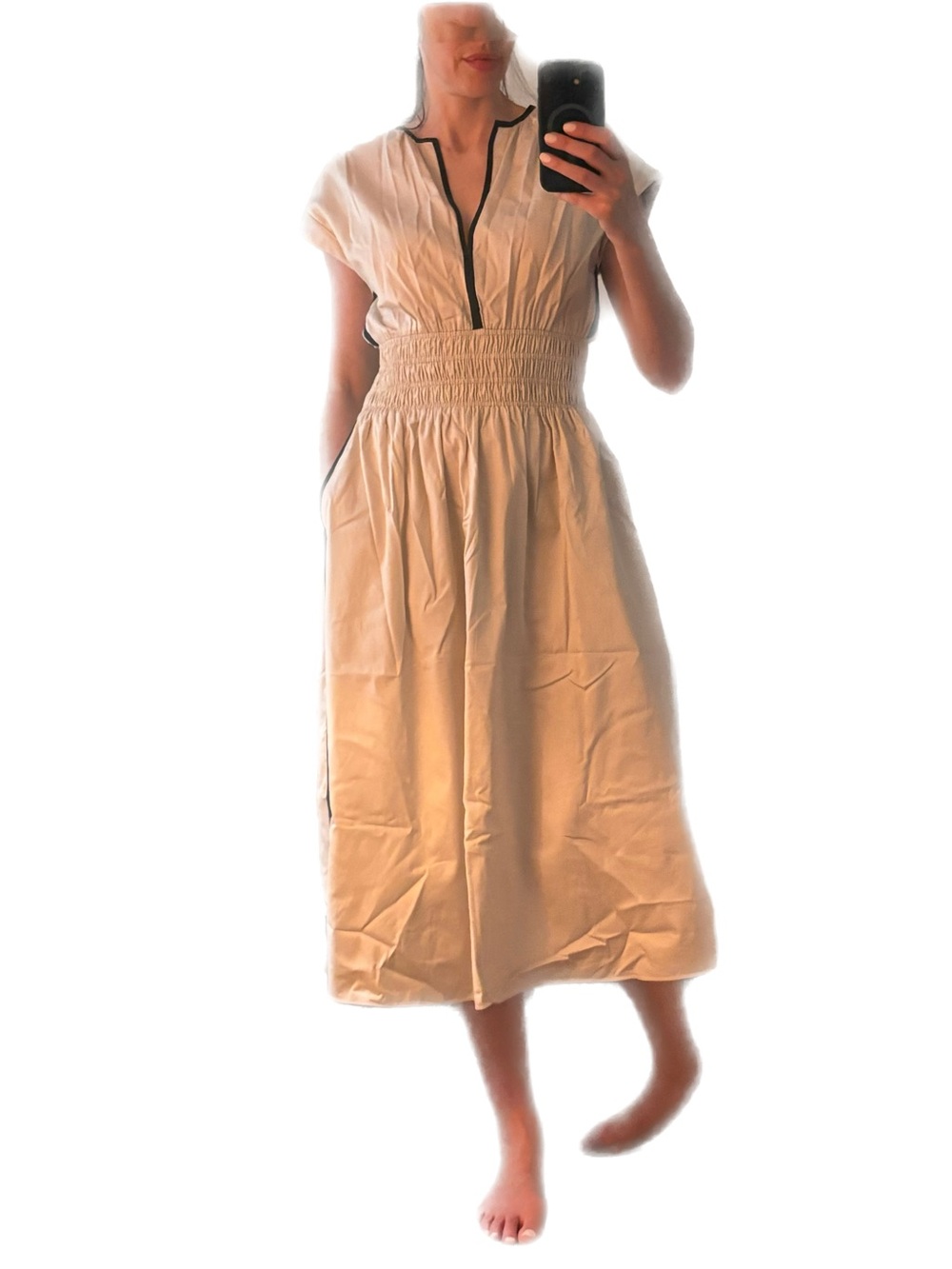 Beige/Cream Smocked Waist Midi Dress with Contrast Trim